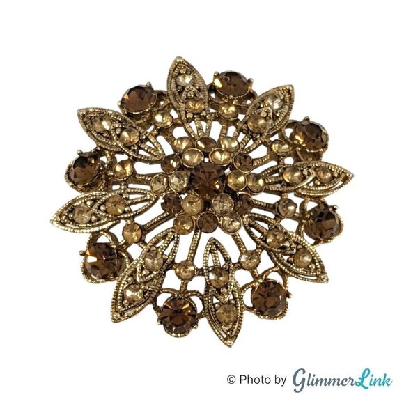 Vintage LC Liz Claiborne Orange & Brown Floral Burst Gold Tone Brooch Pin - Picture 3 of 9